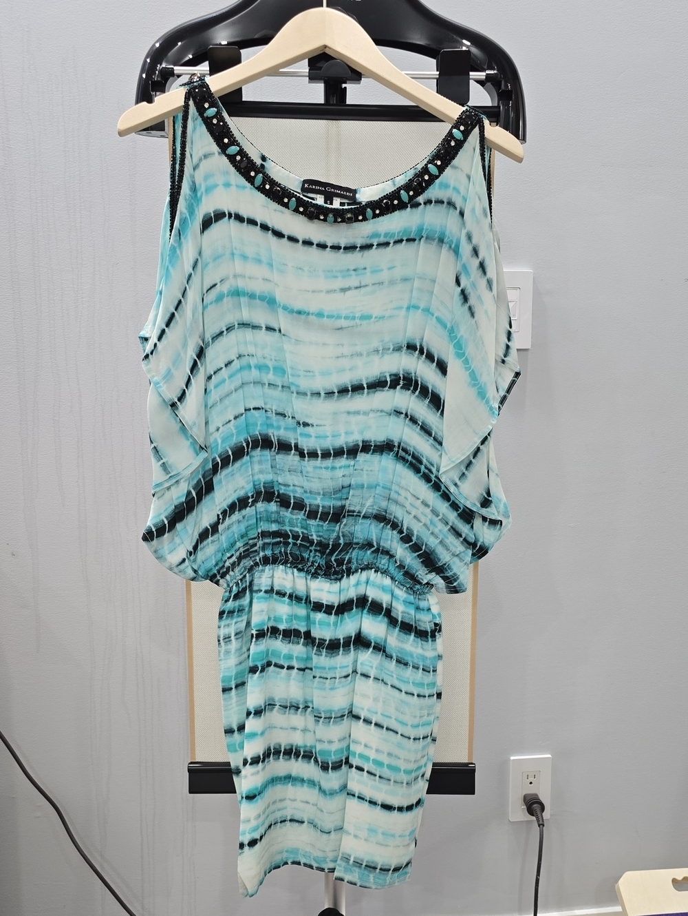 Karen Kane Aqua and Black Tie-Dye Cold-Shoulder Blouson Tunic